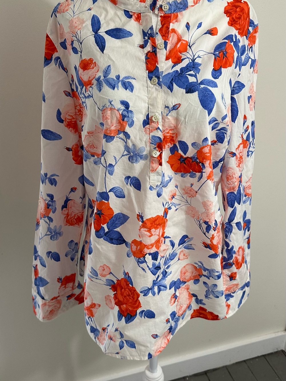 Talbots White Blouse with Blue and Red Floral Print